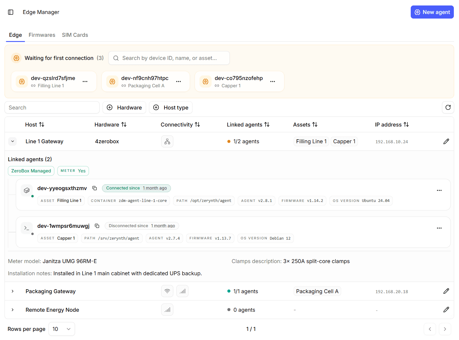 Edge tab showing hosts and agents