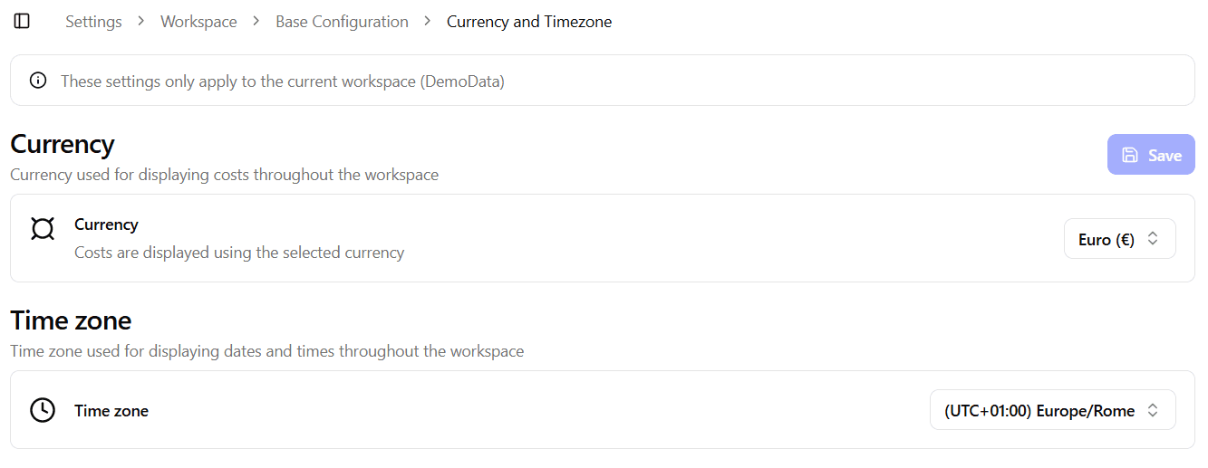 Currency and Timezone Page